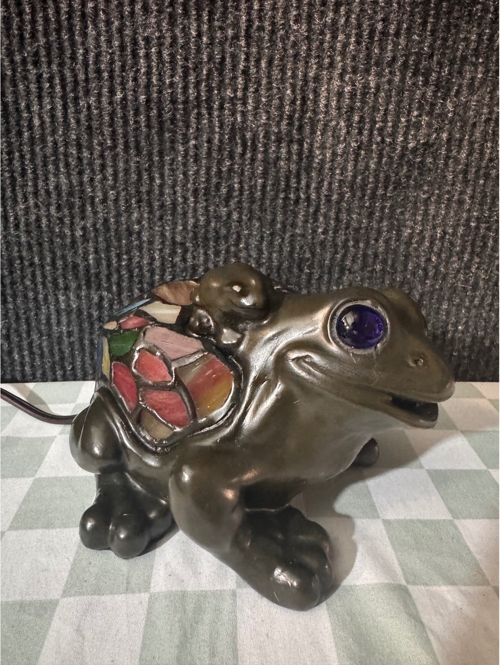 Vintage Stained Glass Frog Table Lamp with Blue Eyes